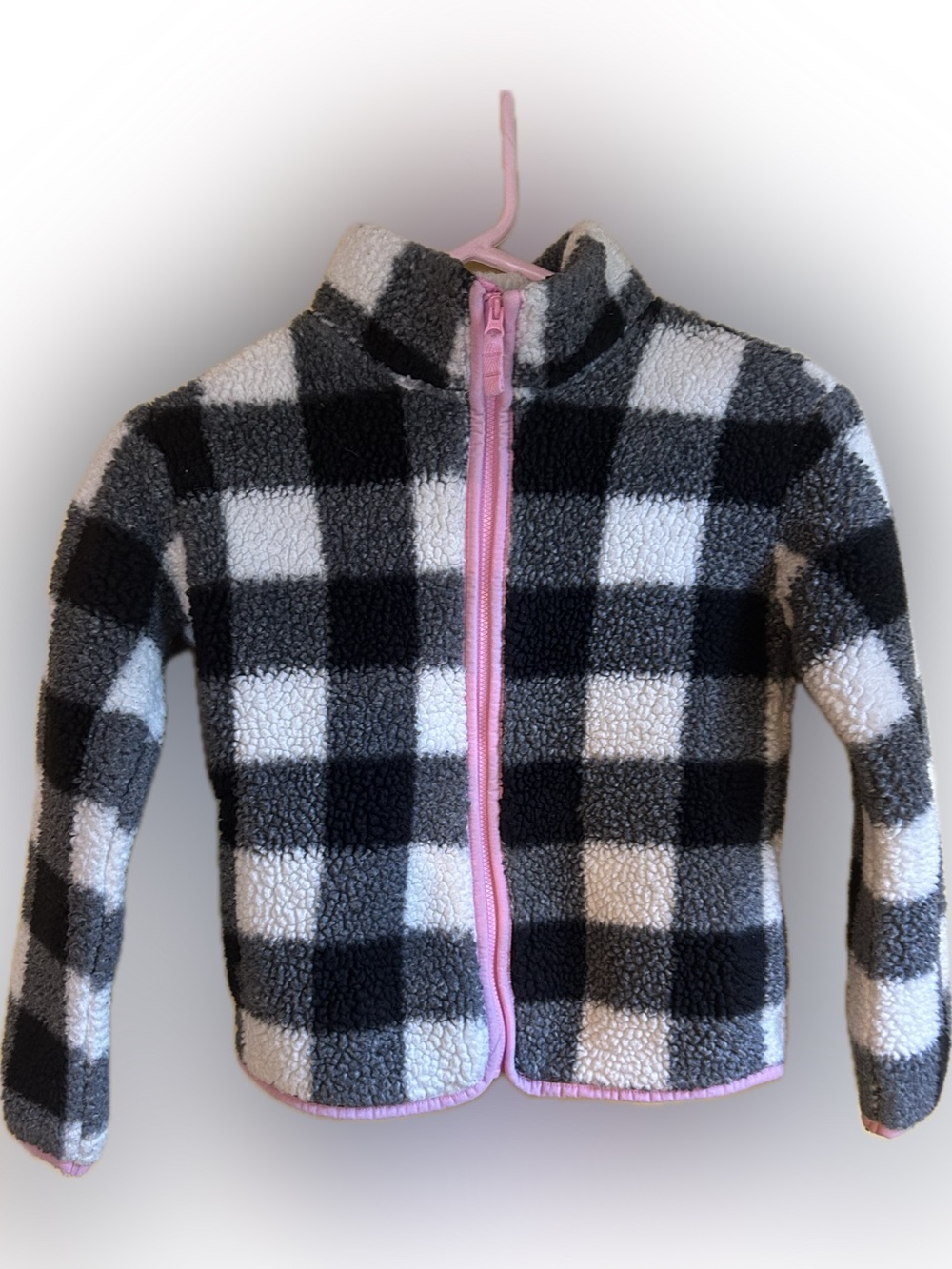Girls' Black & White Buffalo Check Fleece Jacket with Pink Trim Size 6